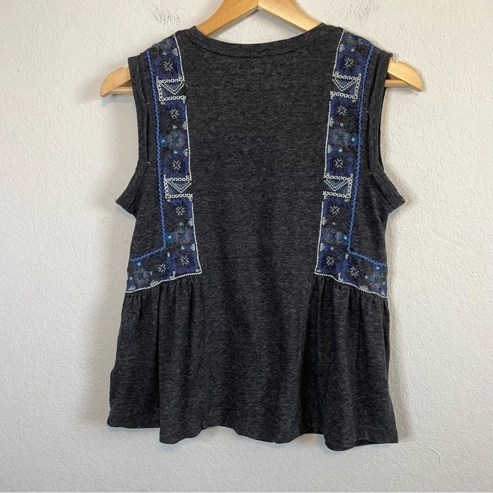Free People Marcy Tank Charcoal Gray Blue Embroidered Details Boho Shirt Sz SM